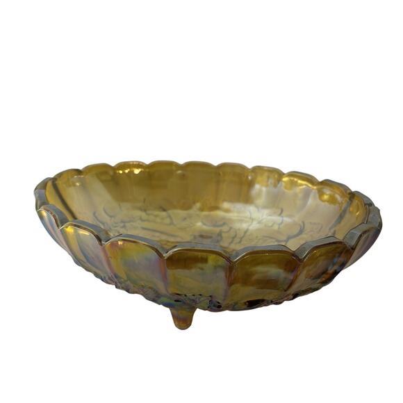 Indiana Glass Iridescent Carnival Amber Glass Oval Fruit Bowl Footed Vintage - Picture 8 of 10